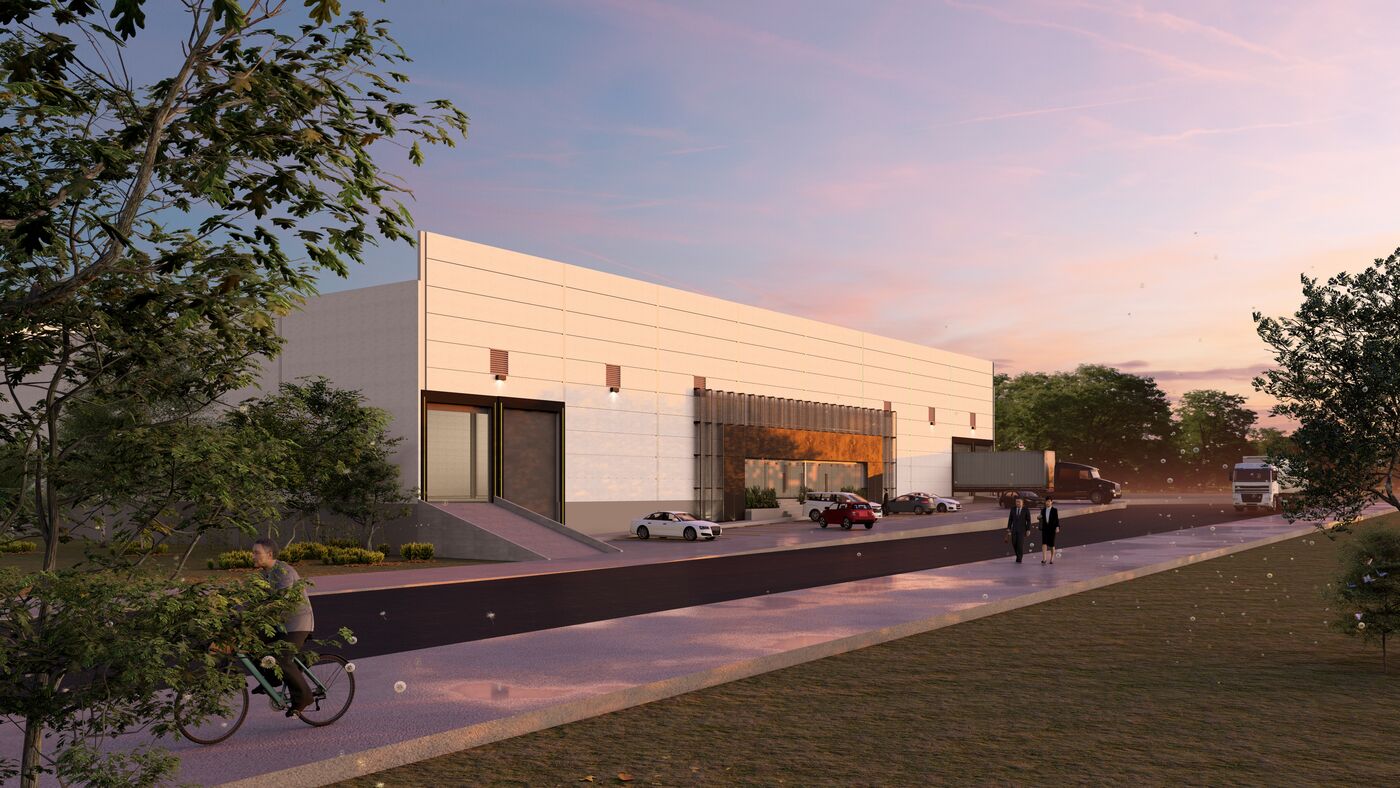 Render de nave industrial Terra Park Condesa al atardecer