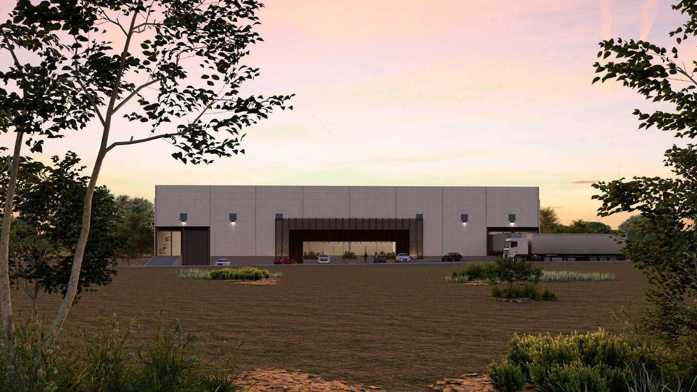 Render del acceso a la nave industrial Terra Park Condesa